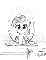 Size: 2346x3097 | Tagged: safe, artist:lalieri, imported from derpibooru, part of a set, pinkie pie, earth pony, pony, fanfic:why am i pinkie pie, black and white, female, frown, grayscale, mirror, monochrome, solo, traditional art