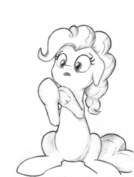 Size: 2329x3073 | Tagged: safe, artist:lalieri, imported from derpibooru, part of a set, pinkie pie, earth pony, pony, fanfic:why am i pinkie pie, black and white, female, grayscale, monochrome, open mouth, solo, traditional art, underhoof