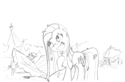 Size: 3618x2376 | Tagged: safe, artist:lalieri, imported from derpibooru, part of a set, pinkie pie, earth pony, pony, fanfic:why am i pinkie pie, black and white, destruction, female, grayscale, grin, monochrome, pinkamena diane pie, ruins, smiling, traditional art