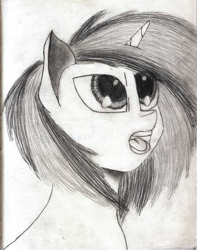 Size: 2524x3200 | Tagged: safe, artist:dr freedom, imported from derpibooru, dj pon-3, vinyl scratch, bust, female, monochrome, open mouth, portrait, solo, traditional art