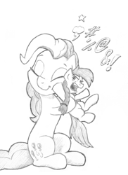 Size: 2268x3120 | Tagged: safe, artist:lalieri, imported from derpibooru, part of a set, pinkie pie, oc, oc:cinnamon swirl, earth pony, pony, fanfic:why am i pinkie pie, angry, black and white, female, filly, grayscale, monochrome, open mouth, traditional art