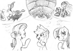 Size: 3533x2490 | Tagged: safe, artist:lalieri, imported from derpibooru, part of a set, applejack, princess celestia, rarity, twilight sparkle, alicorn, earth pony, pony, unicorn, fanfic:why am i pinkie pie, black and white, female, grayscale, monochrome, monster, open mouth, thought bubble, traditional art