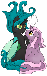 Size: 800x1280 | Tagged: safe, artist:jolliapplegirl, imported from derpibooru, oc, oc only, oc:sirius veil, oc:toxic love, changeling, pony, unicorn, blushing, cute, gay, interspecies offspring, magical lesbian spawn, male, next generation, offspring, parent:mane-iac, parent:princess celestia, parent:queen chrysalis, parent:twilight sparkle, shipping