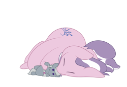 Size: 1280x886 | Tagged: safe, artist:nom-sympony, imported from derpibooru, diamond tiara, silver spoon, earth pony, pony, cute, diamondbetes, dock, doll, eyes closed, fat, female, filly, foal, obese, plushie, simple background, sleeping, solo, toy, white background