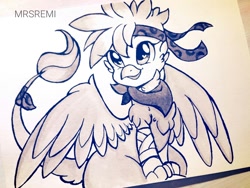 Size: 1600x1200 | Tagged: safe, artist:mrsremi, imported from derpibooru, oc, oc only, oc:charlene, griffon, bandana, clothes, griffon oc, heart eyes, scarf, solo, traditional art, wingding eyes