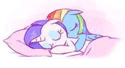 Size: 869x477 | Tagged: safe, artist:raridashdoodles, imported from derpibooru, rainbow dash, rarity, pegasus, pony, unicorn, cuddling, eyes closed, female, lesbian, raridash, shipping, sleeping, snuggling, spooning