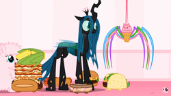 Size: 1358x758 | Tagged: safe, artist:mixermike622, imported from derpibooru, queen chrysalis, oc, oc:fluffle puff, spider, animated at source, burger, corn, food, hamburger, hot dog, ice cream, ice cream spider, it came from youtube, lasagna, meat, my little foody, not salmon, old video, pasta, philly cheese steak, sausage, sausage party, sausage party (film), taco, wat, wtf, youtube link