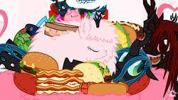 Size: 1363x768 | Tagged: safe, artist:mixermike622, imported from derpibooru, queen chrysalis, oc, oc:fluffle puff, oc:marksaline, spider, animated at source, burger, canon x oc, chrysipuff, corn, couch, female, food, hamburger, hot dog, ice cream, ice cream spider, lasagna, lesbian, licking, meat, my little foody, not salmon, pasta, philly cheese steak, sausage, shipping, taco, tongue out, wat, wtf