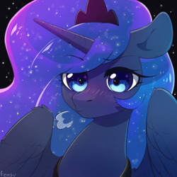 Size: 3000x3000 | Tagged: safe, artist:fensu-san, imported from derpibooru, princess luna, alicorn, pony, blushing, bust, cute, eye reflection, female, lunabetes, night, portrait, solo, spread wings, sweet dreams fuel