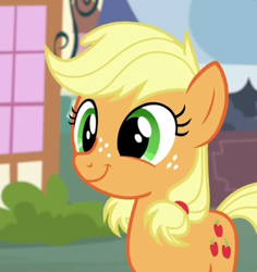 Size: 390x414 | Tagged: safe, imported from derpibooru, screencap, applejack, earth pony, pony, where the apple lies, cute, female, jackabetes, smiling, solo, teenage applejack, younger