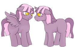 Size: 1280x800 | Tagged: safe, artist:jolliapplegirl, imported from derpibooru, oc, oc only, oc:sirius veil, oc:toxic love, alicorn, changeling, pony, unicorn, blushing, female, interspecies offspring, lesbian, magical lesbian spawn, next generation, offspring, parent:mane-iac, parent:princess celestia, parent:queen chrysalis, parent:twilight sparkle, parents:chrysiac, parents:mane-salis, parents:twilestia, shipping