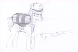 Size: 13033x8717 | Tagged: safe, artist:jeronimom, imported from derpibooru, oc, oc only, oc:toasty pages, pony, unicorn, absurd resolution, clothes, female, flamethrower, mare, military, monochrome, uniform, weapon