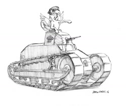 Size: 1500x1274 | Tagged: safe, artist:baron engel, imported from derpibooru, derpy hooves, pegasus, pony, female, mare, monochrome, pencil drawing, renault ft-17, sketch, solo, tank (vehicle), traditional art