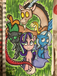 Size: 1280x1707 | Tagged: safe, artist:doodlinjaz, imported from derpibooru, discord, starlight glimmer, thorax, trixie, pony, unicorn, to where and back again, female, mare, reformed four, traditional art