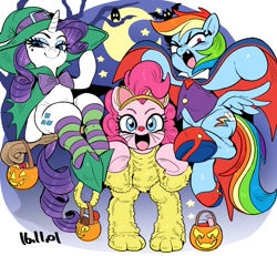 Size: 1134x1048 | Tagged: safe, artist:nekubi, imported from derpibooru, pinkie pie, rainbow dash, rarity, earth pony, pegasus, pony, unicorn, broom, cape, clothes, costume, female, flying, flying broomstick, halloween, hat, jack-o-lantern, looking at you, mare, open mouth, pumpkin, smiling, socks, striped socks, underhoof, witch hat