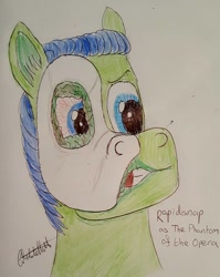 Size: 763x960 | Tagged: safe, artist:rapidsnap, imported from derpibooru, oc, oc only, oc:rapidsnap, pony, bloodshot eyes, crossover, deformed, mask, nightmare night, phantom of the opera, solo, traditional art