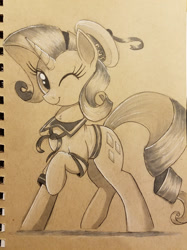 Size: 4032x3024 | Tagged: safe, artist:ncmares, imported from derpibooru, rarity, pony, unicorn, clothes, female, ghostbusters, grayscale, inktober, looking at you, monochrome, one eye closed, pun, raised hoof, rarity is a marshmallow, sailor suit, smiling, solo, stay puft marshmallow man, traditional art, wink