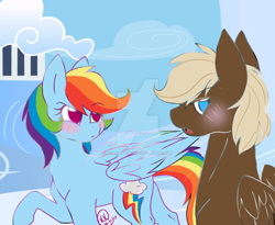 Size: 1024x838 | Tagged: safe, artist:ayumunakishima, imported from derpibooru, dumbbell, rainbow dash, blushing, cloudsdale, dumbdash, male, shipping, straight, tsunderainbow, tsundere, watermark