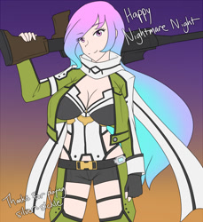 Size: 1280x1400 | Tagged: safe, artist:jonfawkes, imported from derpibooru, princess celestia, human, series:nightmare war, breasts, busty princess celestia, cleavage, clothes, cosplay, costume, female, gun, halloween, humanized, looking at you, nightmare night, rifle, sinon, smiling, solo, sword art online, weapon