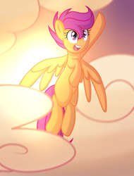 Size: 1750x2300 | Tagged: safe, artist:drawntildawn, imported from derpibooru, scootaloo, pegasus, pony, cloud, cloudy, female, filly, flying, scootaloo can fly, solo