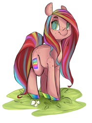 Size: 936x1248 | Tagged: safe, artist:tamyarts, imported from derpibooru, oc, oc only, oc:rough sketch, earth pony, pony, body freckles, butt freckles, ear freckles, freckles, rainbow hooves, solo