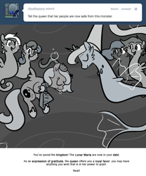 Size: 666x800 | Tagged: safe, artist:egophiliac, imported from derpibooru, bon bon, lyra heartstrings, princess luna, sweetie drops, oc, oc:danger mcsteele, oc:fins maccool, oc:serenitatis, sea pony, moonstuck, anguilla armor, cartographer's cap, filly, grayscale, hat, monochrome, seapony bon bon, seapony lyra, species swap, underwater, woona, younger