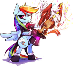 Size: 1147x1034 | Tagged: safe, artist:setoya, imported from derpibooru, gilda, rainbow dash, butterfly, griffon, pony, backwards cutie mark, bipedal, bowtie, clothes, costume, hat, looking at you, magic, pixiv, suit, top hat