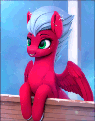 Size: 400x507 | Tagged: safe, artist:rodrigues404, imported from derpibooru, oc, oc only, oc:melon frost, pegasus, pony, animated, ear piercing, earring, female, freckles, gif, horseshoes, jewelry, leaning on wall, mare, piercing, smiling, snow, snowfall, solo