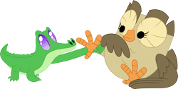 Size: 3552x1791 | Tagged: safe, artist:porygon2z, imported from derpibooru, gummy, owlowiscious, alligator, bird, owl, reptile, simple background, smelling, talons, transparent background, vector