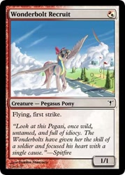 Size: 375x523 | Tagged: safe, artist:lightly-san, edit, imported from derpibooru, angel wings, rainbow dash, spitfire, card, crossover, magic the gathering, parody, trading card, trading card edit, wonderbolt trainee uniform