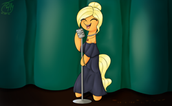 Size: 1280x788 | Tagged: safe, artist:puffysmosh, imported from derpibooru, applejack, pony, alternate hairstyle, bipedal, clothes, dress, female, microphone, singing, solo