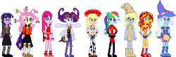 Size: 340x110 | Tagged: safe, artist:toonalexsora007, imported from derpibooru, applejack, derpy hooves, fluttershy, pinkie pie, rainbow dash, rarity, sunset shimmer, trixie, twilight sparkle, equestria girls, clothes, cosplay, costume, crossover, dark magician girl, darkstalkers, elastigirl, final fight, halloween, halloween costume, harry potter, harry potter (series), helen parr, hermione granger, jessie (toy story), mona, mona parker, mona the vampire, mrs. incredible, paper bag wizard, paper bags, pixel art, queen bee, simple background, sprite, the incredibles, toy story, transparent background, wonder woman, yu-gi-oh!