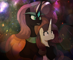 Size: 3175x2628 | Tagged: safe, artist:asika-aida, imported from derpibooru, nightmare rarity, rarity, duality, duo, evil, good, lip bite, self ponidox, space, stars