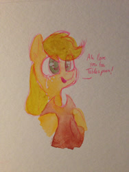 Size: 852x1136 | Tagged: safe, artist:whale, imported from derpibooru, applejack, pony, cowboy hat, crying, dialogue, female, hat, hatless, hoof hold, missing accessory, open mouth, solo, stetson, tears of joy, the smiling pony, traditional art, watercolor painting