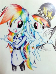 Size: 1536x2048 | Tagged: safe, artist:liaaqila, imported from derpibooru, rainbow dash, equestria girls, bobby hat, human ponidox, rozzer dash, self ponidox, traditional art