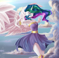 Size: 4000x3910 | Tagged: safe, artist:zefirayn, imported from derpibooru, princess celestia, alicorn, anthro, armpits, clothes, cloud, cute, dress, eyes closed, female, fluffy, flying, grin, smiling, solo, spread wings, windswept mane