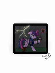 Size: 1536x2048 | Tagged: safe, artist:doc rainbow, imported from derpibooru, twilight sparkle, alicorn, pony, badge, female, gun, officer, police, police officer, rain, solo, twilight sparkle (alicorn), weapon