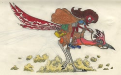Size: 2155x1335 | Tagged: safe, artist:smcho1014, deleted from derpibooru, imported from derpibooru, oc, oc only, oc:ink rose, bird, roadrunner, equestria girls, bag, cloak, clothes, colored pencil drawing, female, reins, riding, roadrunner ride, saddle, sleeping bag, tack, traditional art