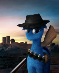 Size: 2800x3500 | Tagged: dead source, safe, artist:quvr, imported from derpibooru, oc, oc only, oc:p-21, earth pony, pony, fallout equestria, fallout equestria: project horizons, cowboy hat, grenade launcher, hat, persuasion (p-21's rifle), solo, sunset