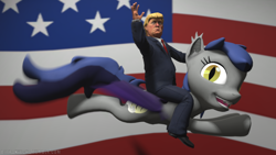 Size: 1280x720 | Tagged: safe, artist:batponyecho, imported from derpibooru, oc, oc only, oc:echo, bat pony, human, pony, 3d, american flag, donald trump, flag, flying, politics, president, riding, source filmmaker, why