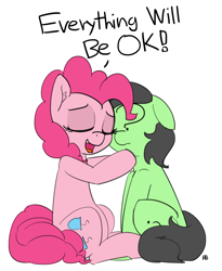 Size: 1280x1559 | Tagged: safe, artist:pabbley, imported from derpibooru, pinkie pie, oc, oc:anon, comforting, dialogue, duo, eyes closed, floppy ears, hug, nuzzling, simple background, white background