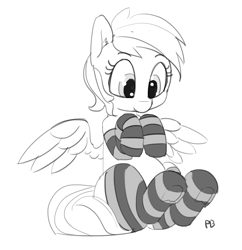 Size: 1280x1324 | Tagged: safe, artist:pabbley, imported from derpibooru, rainbow dash, pegasus, pony, clothes, cute, dashabetes, ear fluff, female, grayscale, looking down, mare, monochrome, signature, simple background, sitting, socks, solo, spread wings, striped socks, underhoof, white background