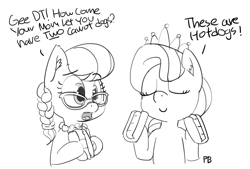 Size: 1280x863 | Tagged: safe, artist:pabbley, imported from derpibooru, diamond tiara, silver spoon, pony, bipedal, carrot, carrot dog, dialogue, duo, female, food, gee bill, grayscale, hot dog, hotdog meme, lineart, meat, meme, monochrome, ponies eating meat, sausage, simple background, white background