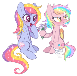 Size: 2487x2433 | Tagged: safe, artist:hawthornss, imported from derpibooru, oc, oc only, oc:glittering cloud, oc:paper stars, bat pony, pegasus, pony, amputee, blushing, cute, female, flower, glitterstars, hoof hold, lesbian, looking away, mare, open mouth, scrunchy face, shipping, simple background, sitting, sparkles, transparent background, tsundere