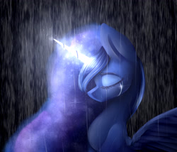 Size: 3500x3000 | Tagged: safe, artist:blazingcookie717, imported from derpibooru, princess luna, eyes closed, female, glowing horn, rain, solo, wet