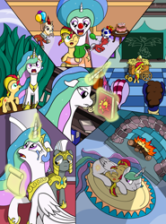 Size: 2593x3500 | Tagged: safe, artist:fimstargazer, imported from derpibooru, kibitz, princess celestia, sunset shimmer, alicorn, pony, unicorn, comic:memories, balloon, book, clown celestia, clown nose, comic, crying, dragon egg, egg, fireplace, glowing, glowing horn, horn, magic, momlestia, party, present, red nose, royal guard, scroll, sleeping, snuggling, telekinesis