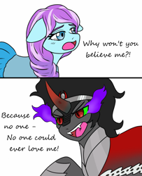 Size: 979x1205 | Tagged: safe, artist:jolliapplegirl, imported from derpibooru, king sombra, sapphire joy, amber leaf, cloak, clothes, comic, crying, curved horn, dark magic, dialogue, fangs, floppy ears, magic, once upon a time, sapphombra, shipping, sombra eyes, sombrajoy