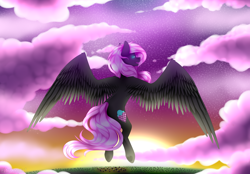 Size: 1024x714 | Tagged: safe, artist:itsizzybel, imported from derpibooru, oc, oc only, oc:cream cloud, pegasus, pony, cloud, female, flying, large wings, pegasus oc, solo, sun, sunset, wings