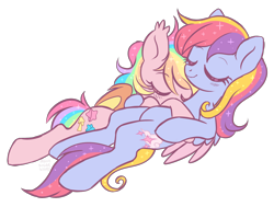 Size: 1970x1486 | Tagged: safe, artist:hawthornss, imported from derpibooru, oc, oc only, oc:glittering cloud, oc:paper stars, bat pony, pegasus, pony, cute, eyes closed, female, glitterstars, horsesexhaver, lesbian, mare, shipping, simple background, sleeping, smiling, snuggling, transparent background, trollightsparkle