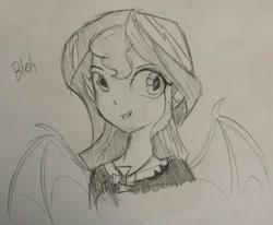 Size: 1265x1043 | Tagged: safe, artist:tjpones, imported from derpibooru, sunset shimmer, vampire, equestria girls, bat wings, bleh, bust, dialogue, female, grayscale, monochrome, open mouth, portrait, solo, spread wings, traditional art